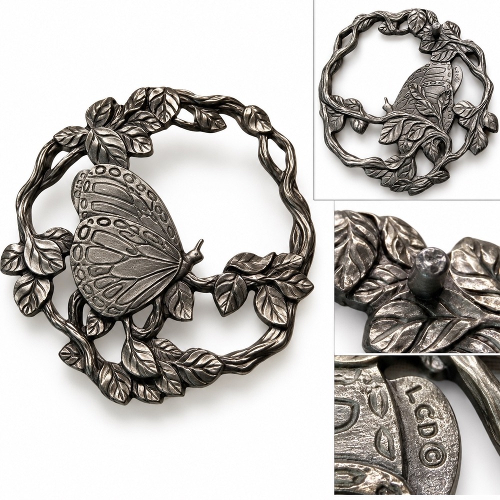 Vintage Lindsay Claire Designs LCD Pewter Butterfly Vine Candle Jar Topper